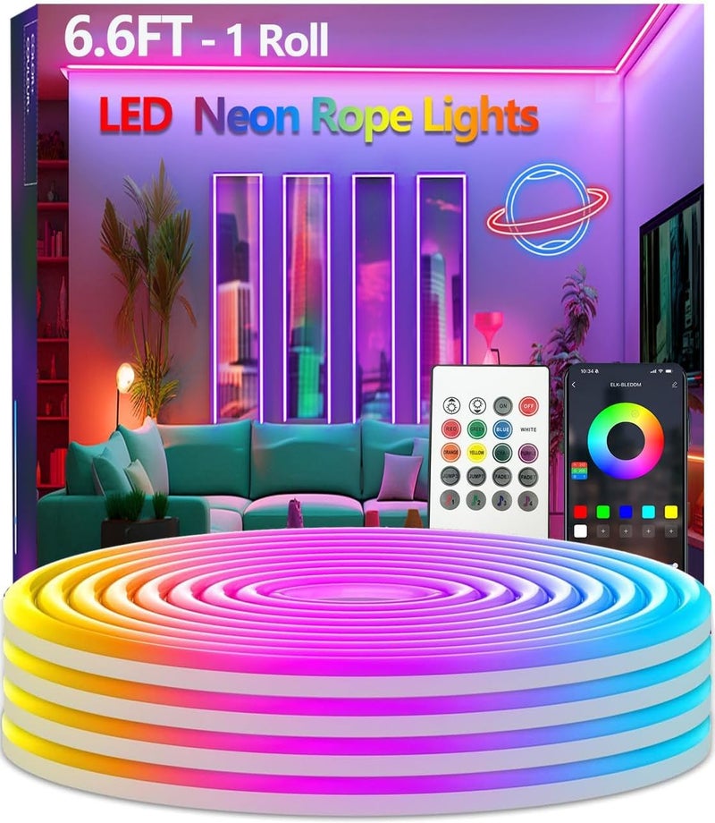 httpsmp 6.6FT Neon Rope Lights,Flexible Led Light Control with App/Remote,Multiple Modes,IP67 Outdoor Waterproof,Music Sync Strip for Bedroom - Image 1